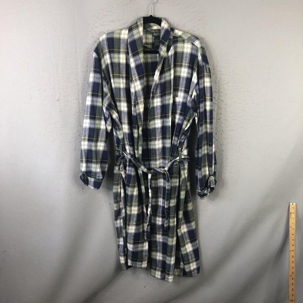 Marshall Field's Robe Mens XL Blue Plaid Flannel Cotton Belted Lounge Spa Luxury